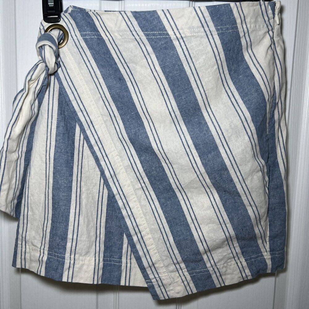 Free People Mini Wrap Skirt 28" Waist White Blue Stripe Nautical Linen Blend